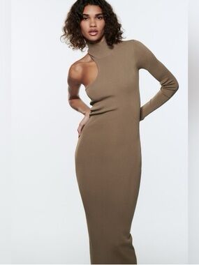 Zara Asymmetric One-Shoulder Ribbed Maxi Dress in Taupe